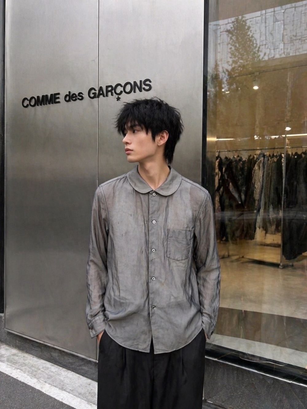 COMME des GARÇONS Chiffon Sheer Layered Round Collar Shirt, Grey